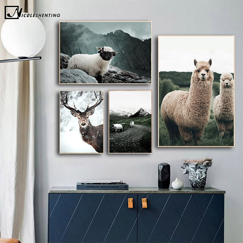 Alpaca Llama Sheep Animal Poster Nordic Style Canvas Print Landscape Art Painting Wall Picture for Modern Living Room Decoration