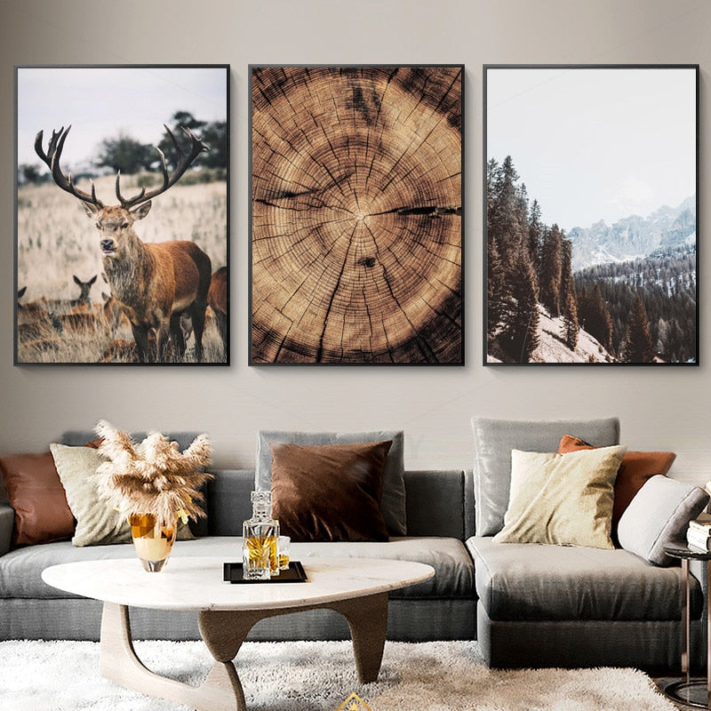 Animal Deer And Nature Wood Growth Ring Scandinavian Canvas Art