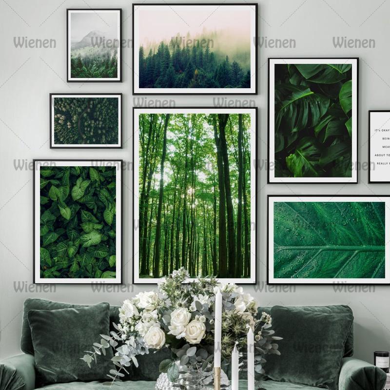 Green Forest Leaves Fog Mountain Canvas Art