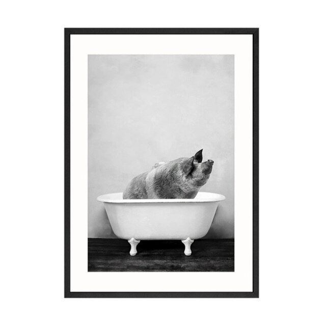 Baby animals in the bathtub poster elephant lion panda giraffe pig cow canvas painting nursery mural Nordic picture kids room de