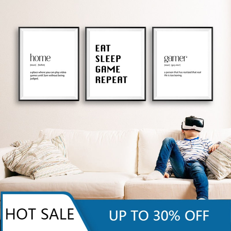 Eat Sleep Game Repeat White And Black  Wall Art Canvas