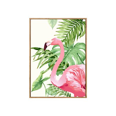 Red Flamingos Green Leaves Tropical Canvas Artwork