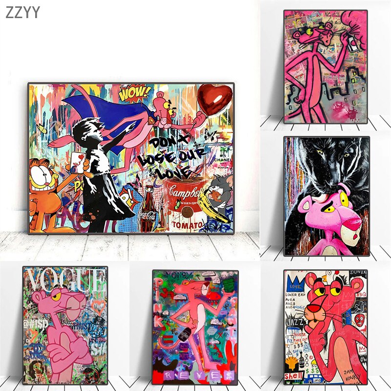 Pop Art Cartoon Colorful Graffiti Canvas Print Pink Panther and Black  Panther Abstract Animals Wall Art Pictures HD Print Birthday for Boys  Children